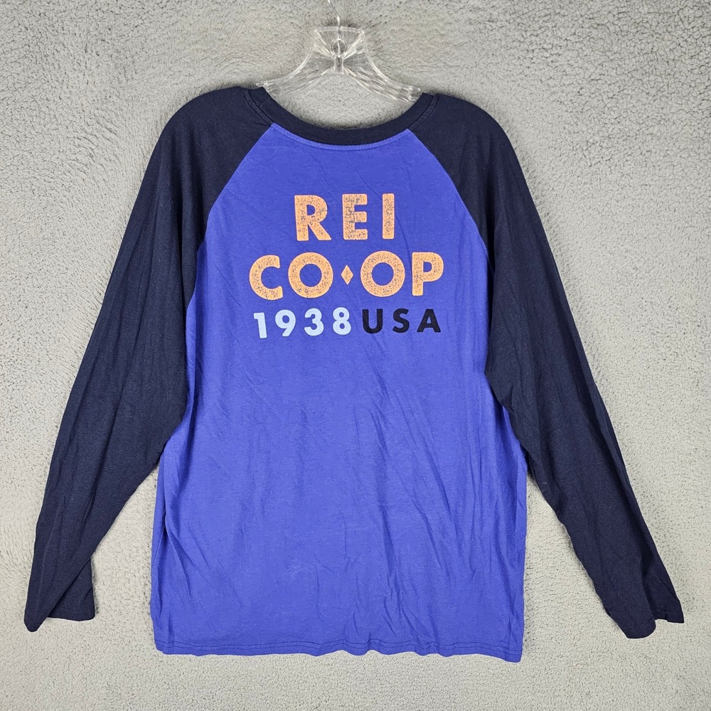 REI Co-op T-Shirt Mens XL Blue Raglan Baseball Graphic Long Sleeve 151529